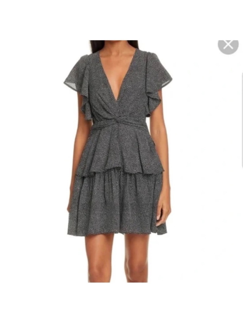 A.L.C. Black 100% silk V-Neck Ruffle Tiered Mini Dress polka dot.